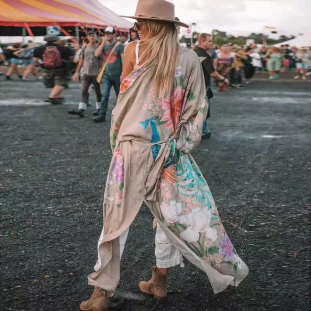 SOLD OUT Boho Tan Floral Peacock Kimono Duster Robe - Picture 4 of 13